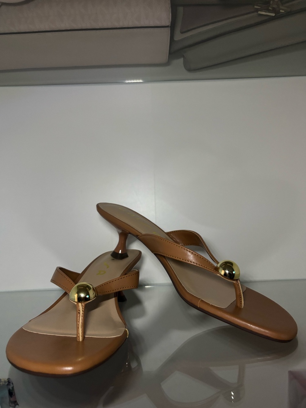 Unisa Tan Leather Thong Mules with Gold Accent